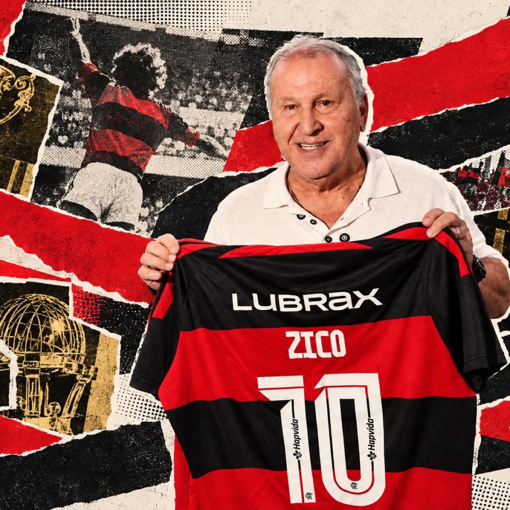Zico segurando a camisa do Flamengo com a marca Lubrax, o nome Zico e o número 10